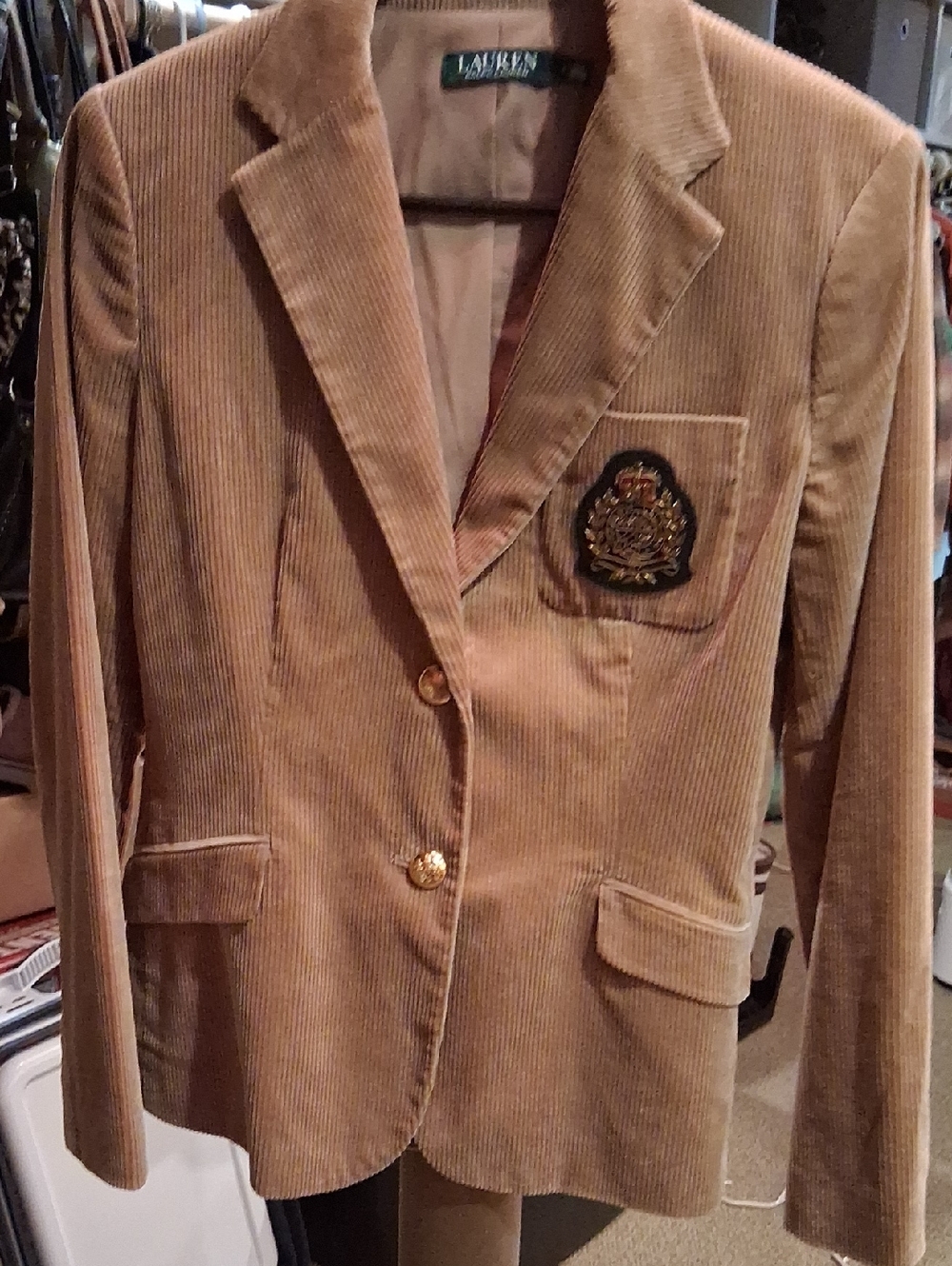 Lauren Ralph Lauren Camel Corduroy Blazer with Gold Crest Patch